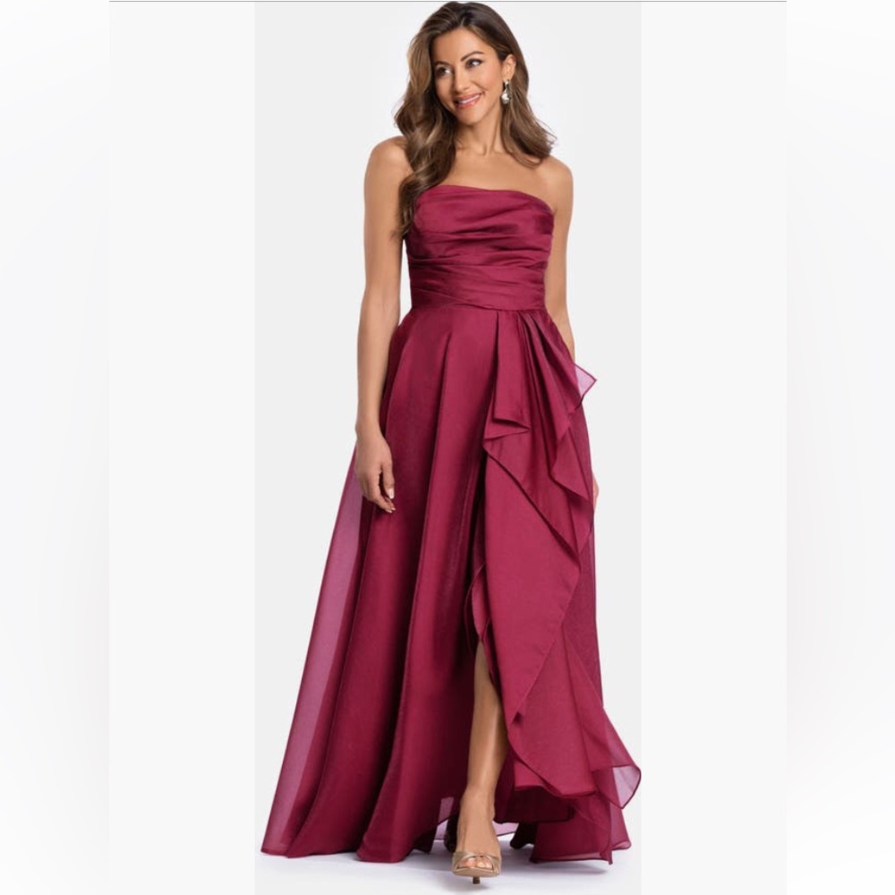 Xscape Evenings Strapless Ruffle Detail Metallic Organza Gown